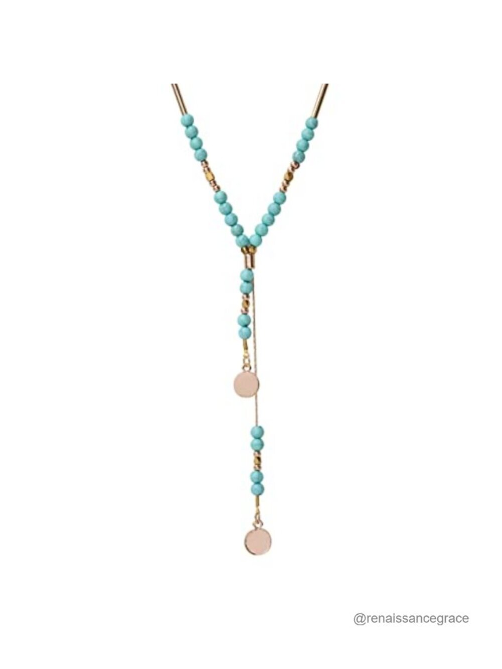 Boho Y Necklace with Created Turquoise Beads Gold Plated Finish